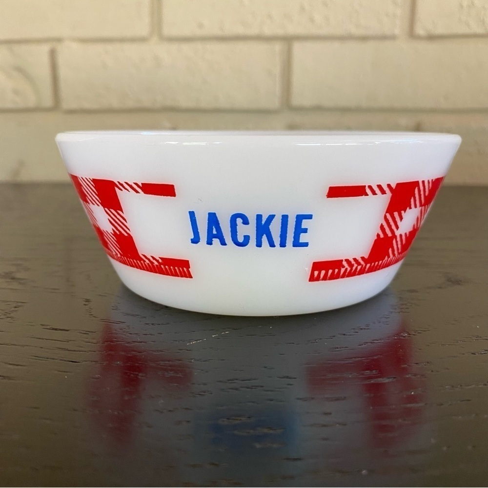 VINTAGE MILK GLASS FEDERAL WESTFIELD PERSONALIZED RED CHECKERED BOWL JACKIE
